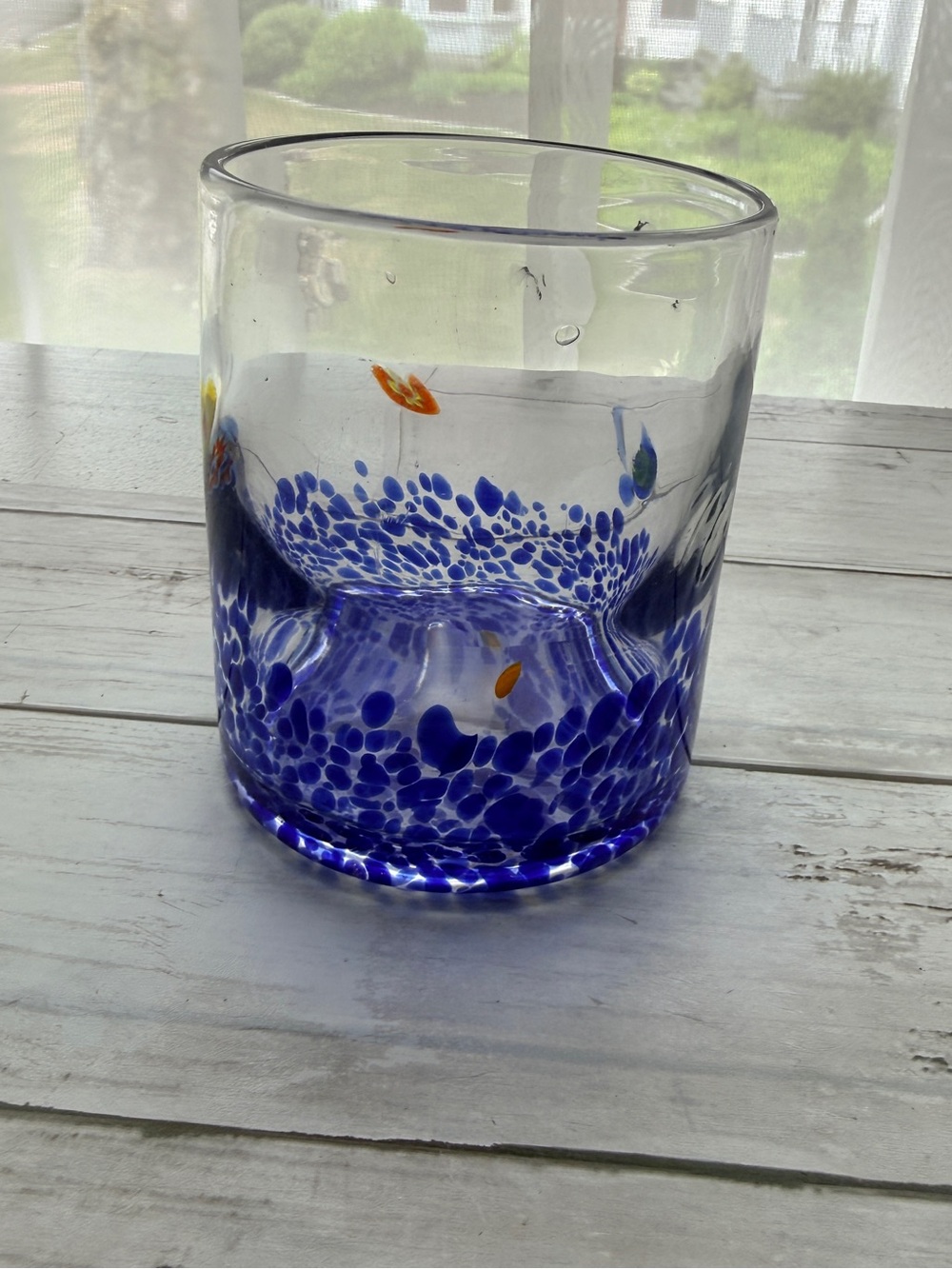 Handblown Blue Speckle Glass 6” heavy chunky glass